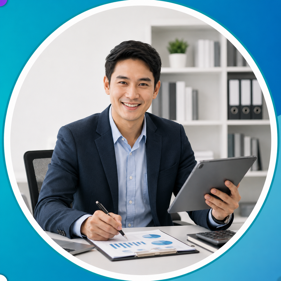 ADA SOLUSI SUKSES business consultant reviewing documents
